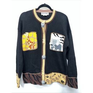 Vintage Jack B Quick Sweater Womens Large Black Safari Animal Print Knit 90s Zoo